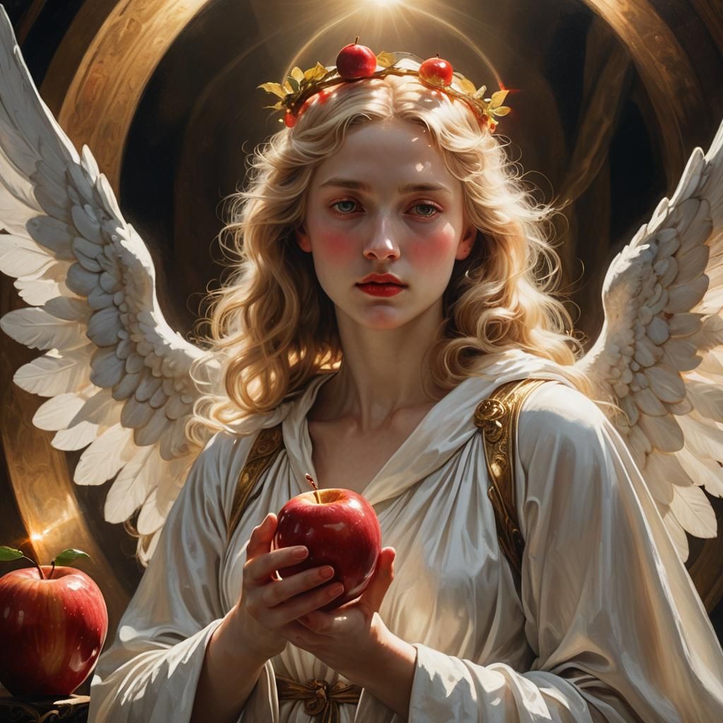 Blonde Angel Offers Apple in Sacred Realism