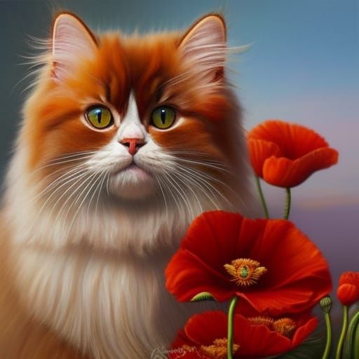 Detailed Ragdoll Cat Amidst Red Poppies