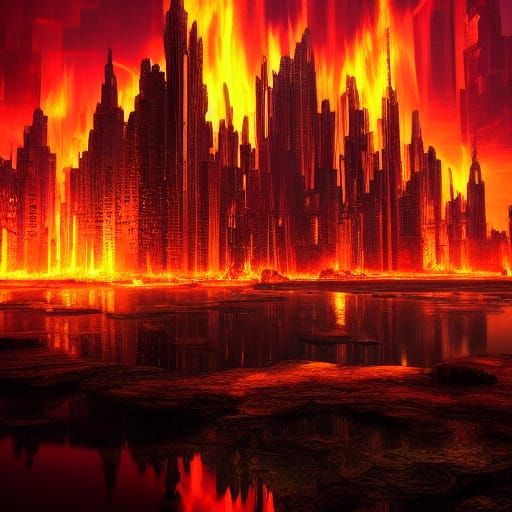 Glowing Fire City Reflected in Lake