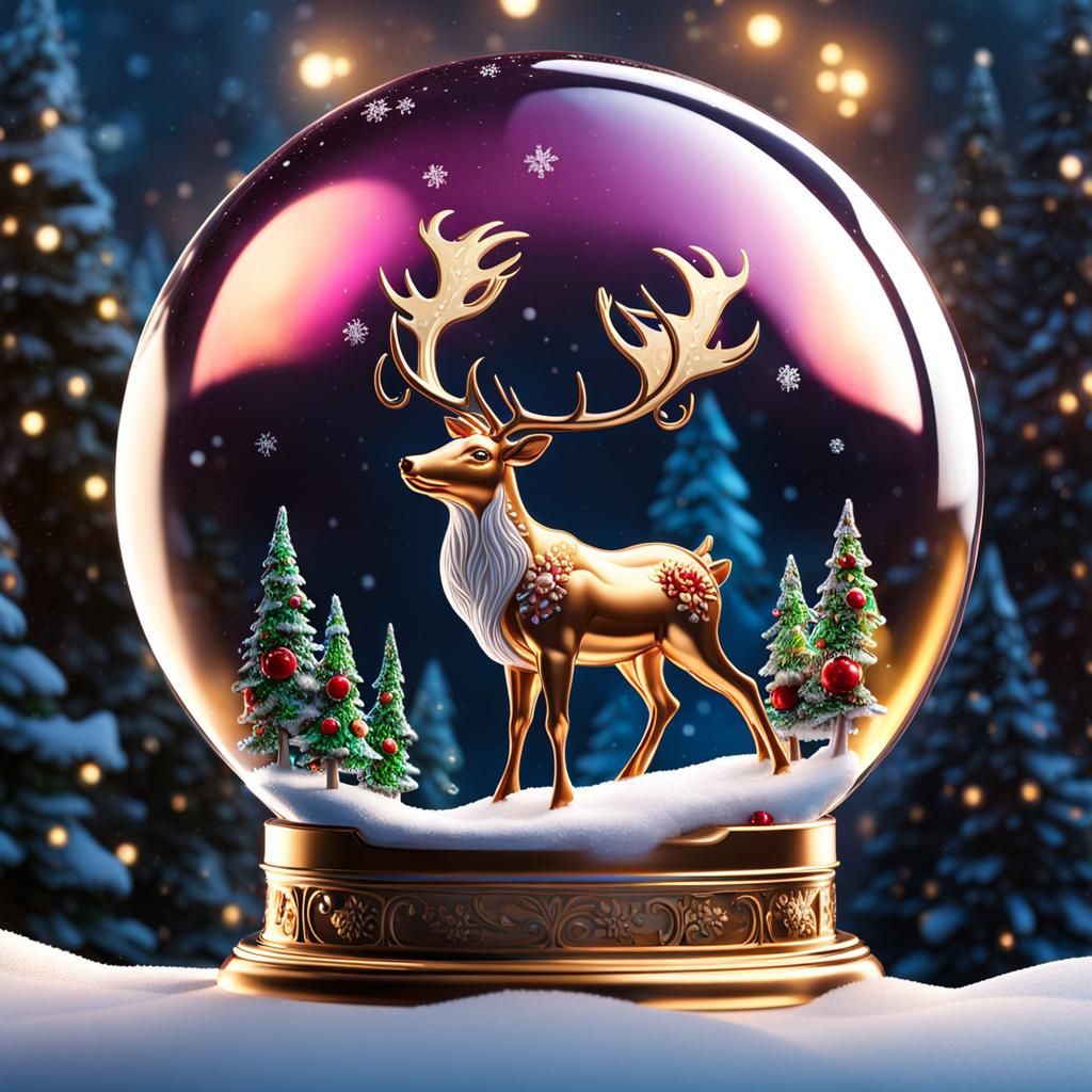 Vibrant Santa's Reindeer in Hyperrealistic Snow Globe