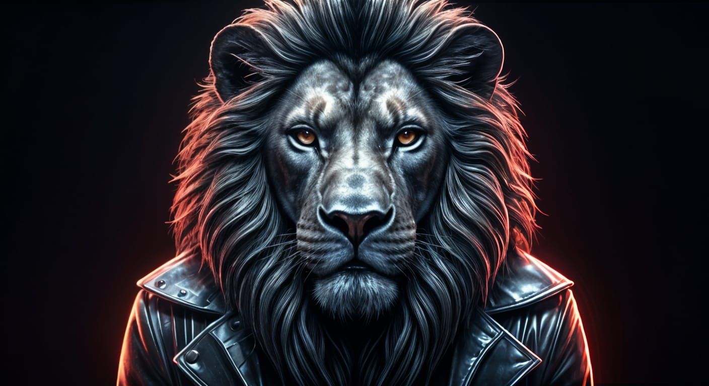 Dark Futuristic Lion's Face in Liquid Metal and Onyx