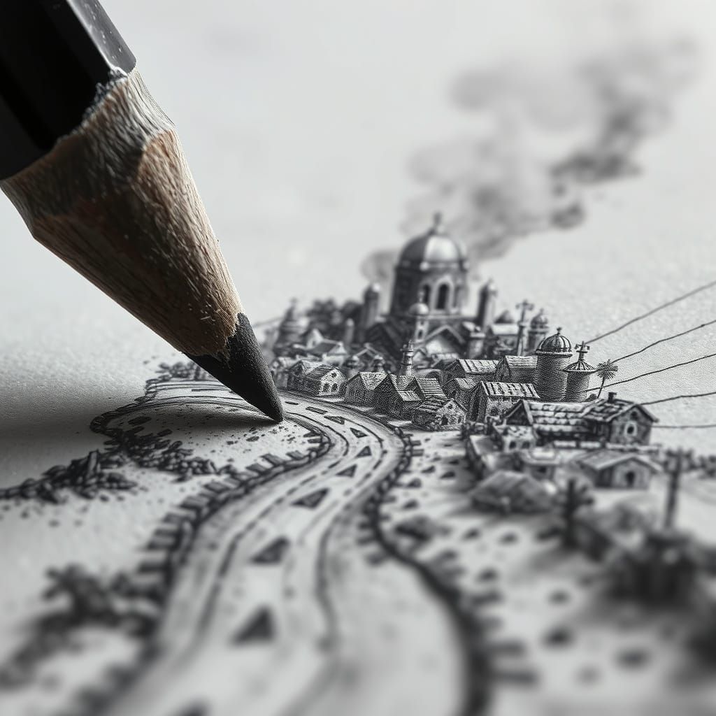 Charcoal Pencil Draws Village Scene From Lead