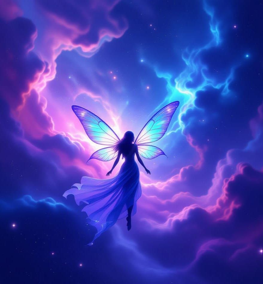Bioluminescent Fairy in Cosmic Nebula, Galaxy Wings