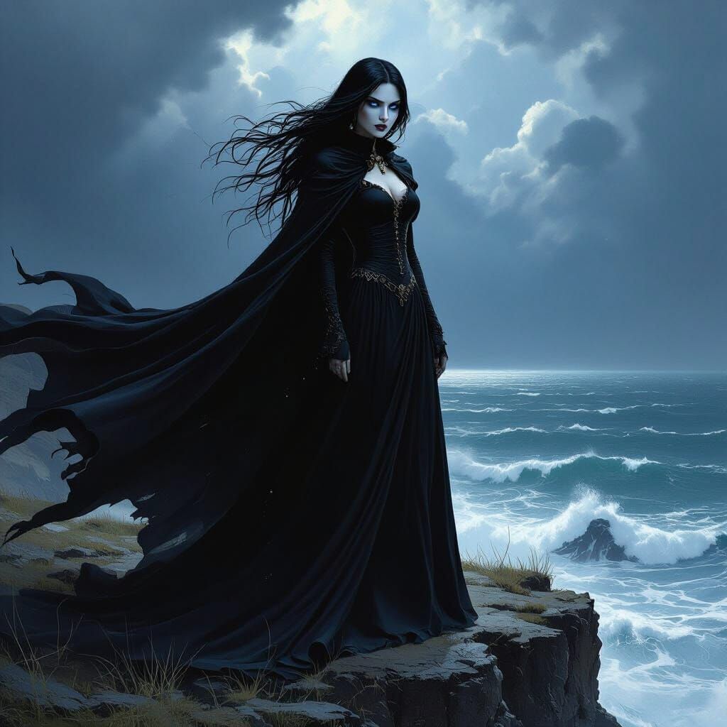 Gothic Woman on Windswept Cliff