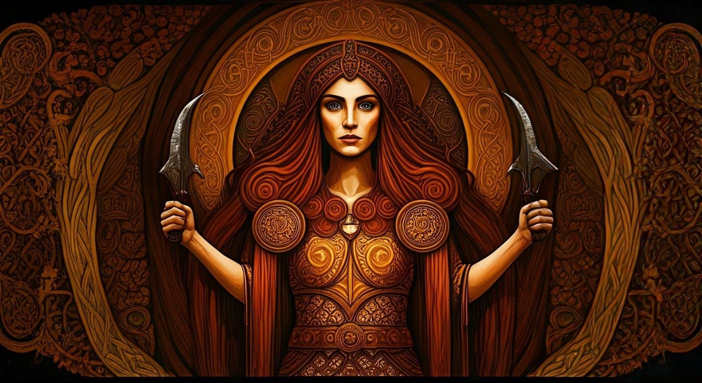 Morrigan: Celtic Deity in Armor, Folk Art Style