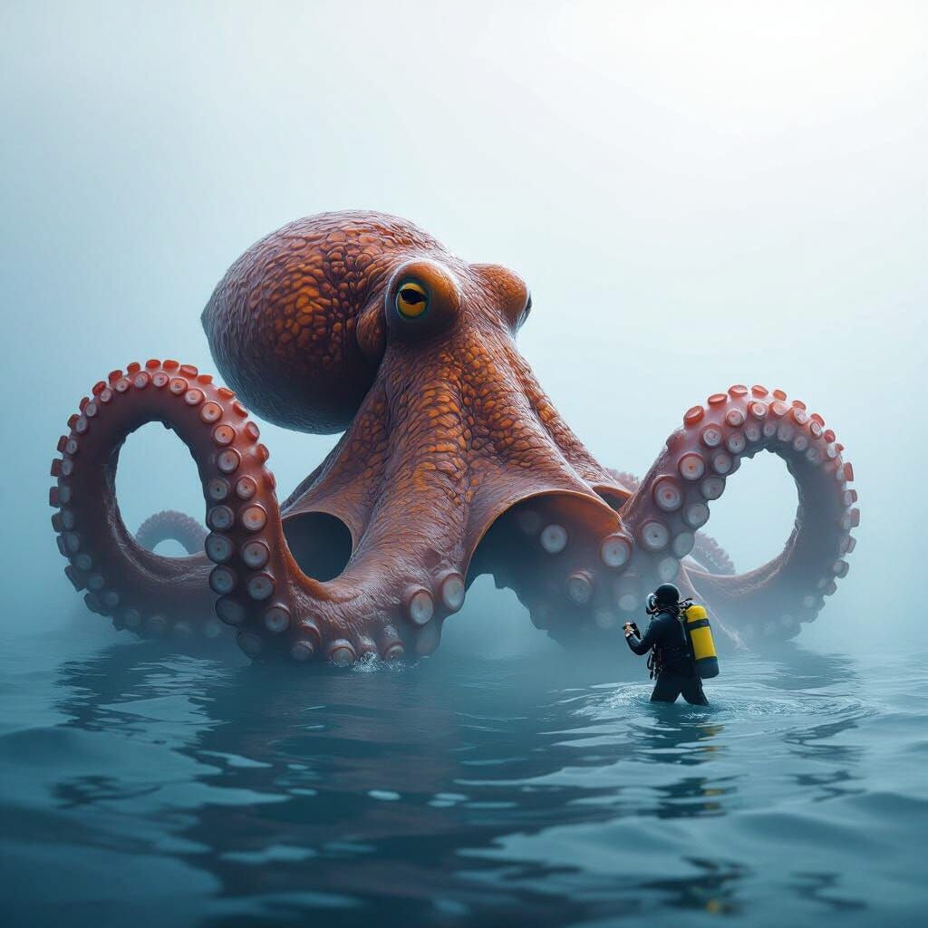 Giant Octopus Surfacing Near Diver in Photorealistic Style