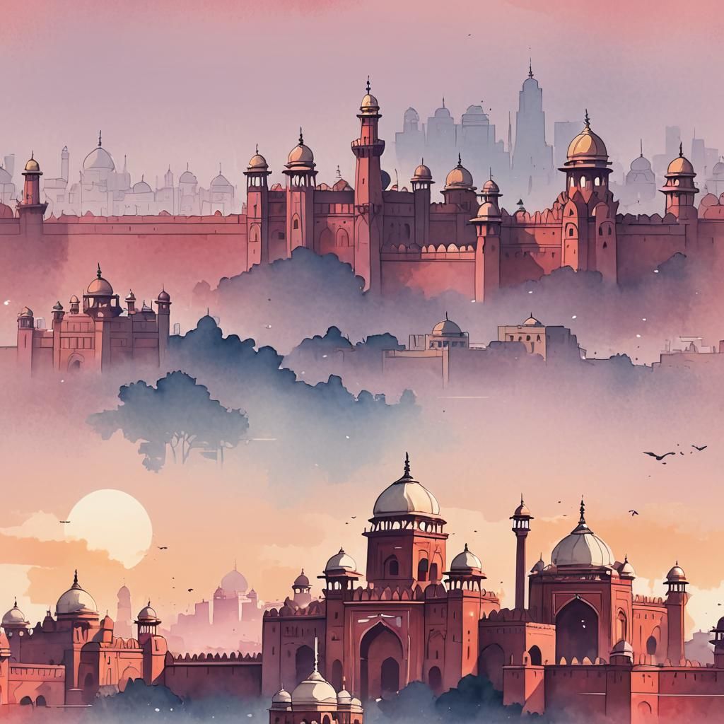 New Delhi Cityscape Illustration in Ink Wash Style