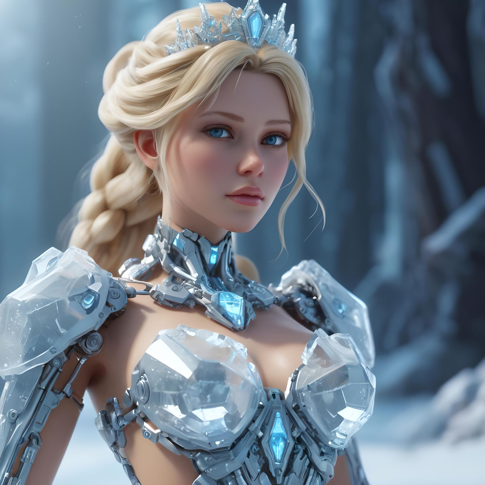 Crystal Ice Goddess with Mech Details in Sci-Fi Style