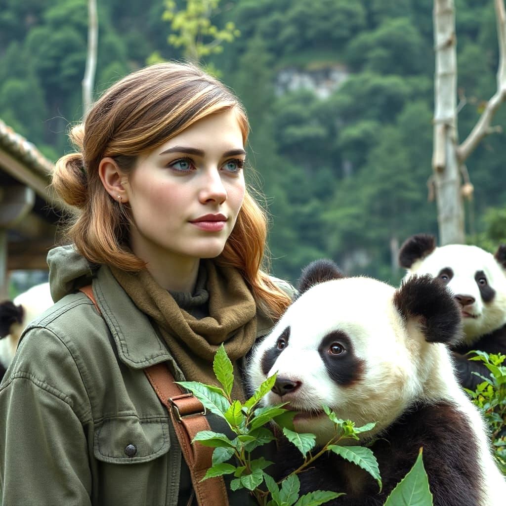 Ethereal Occidental Woman Cares for Pandas in Serene Chinese...