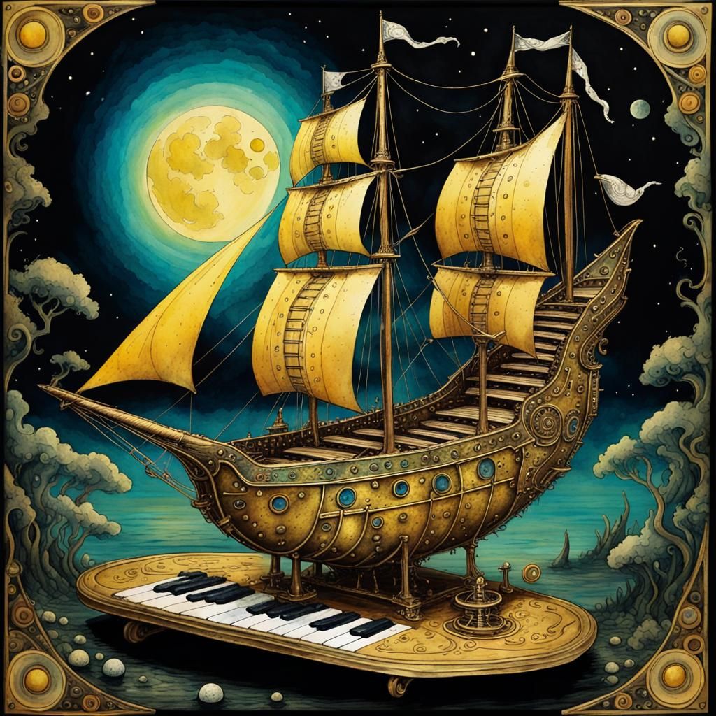 Fantasy Sailing Ship in Watercolor Style