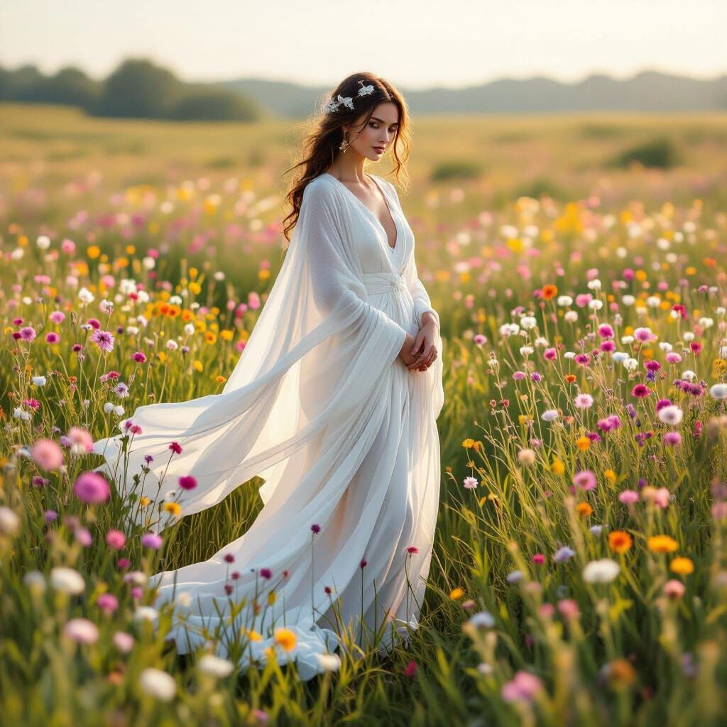 Ethereal Woman in Meadow: Dreamy Digital Art