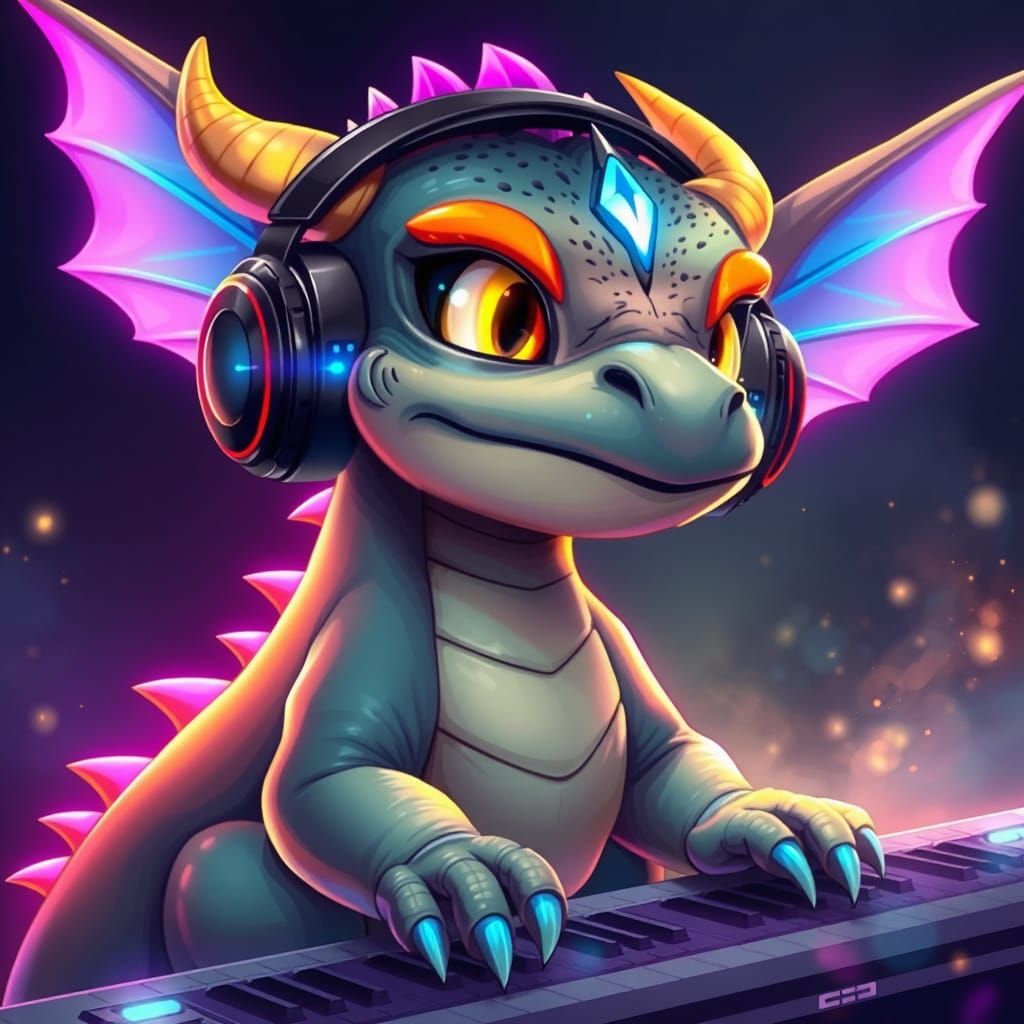 Luminous Dragon Concentrating with Headphones On