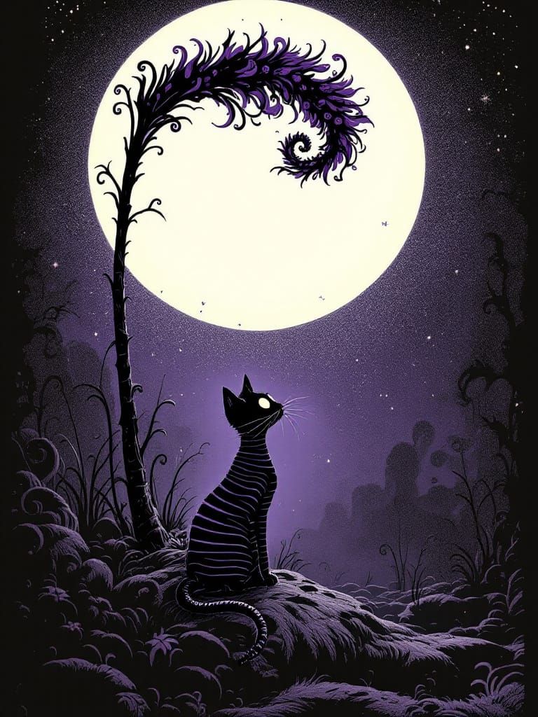 Gothic Carnival Cat Gazes at Luminous Moon Glow