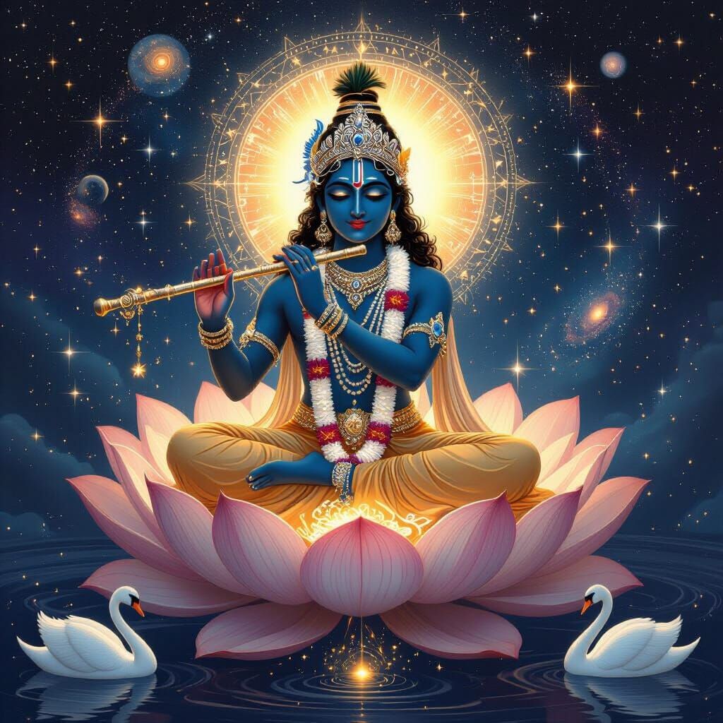 Krishna in Space with Cosmic Flute, Dreamy Art
