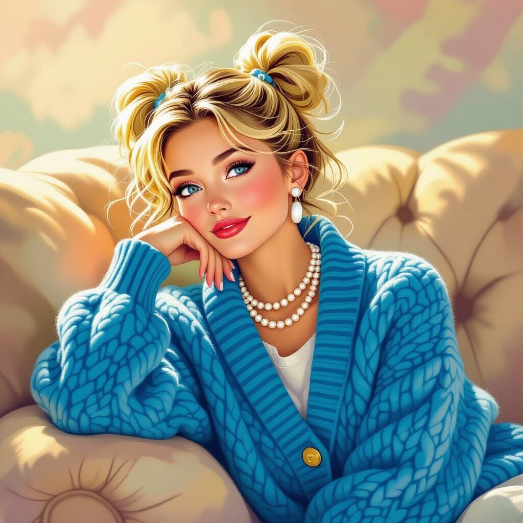 Blond Woman in Blue Cardigan on Couch, Whimsical Illustratio...