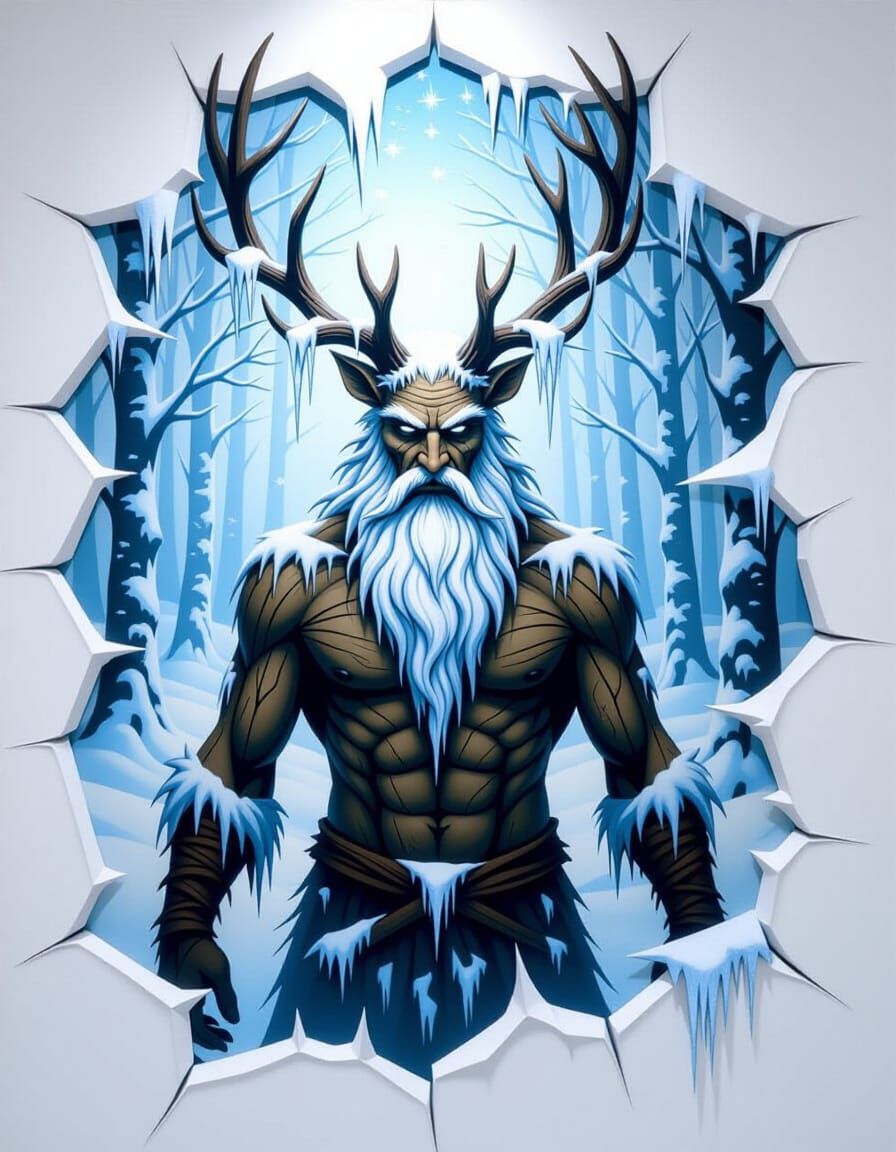 Winter Leshy Emerges from Frosty Wall Painting