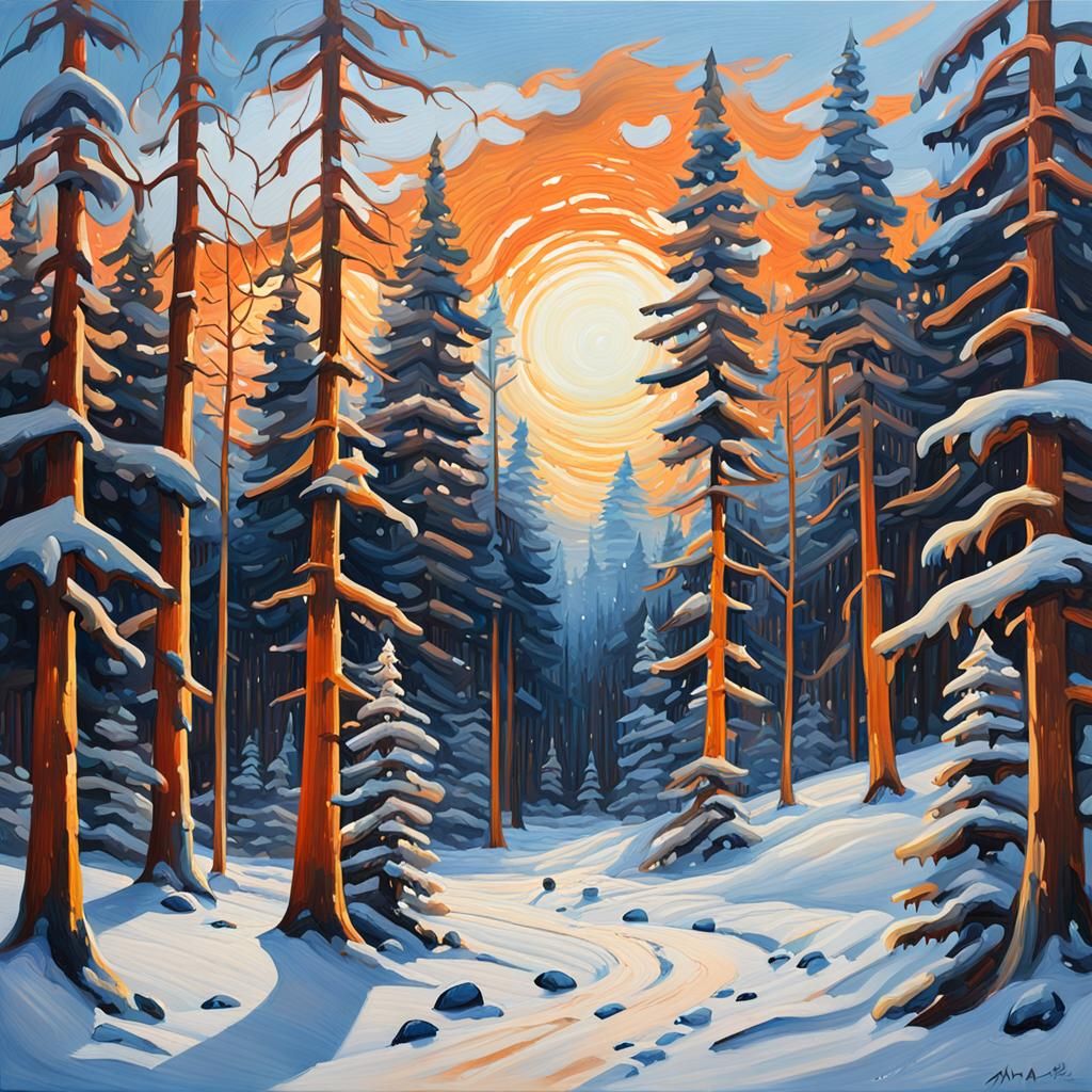 Snowy Coniferous Forest in Golden Light as Oil Painting