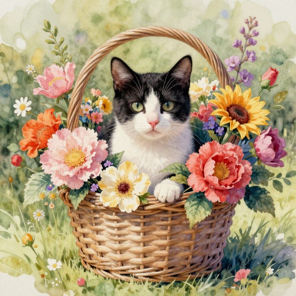 Kitten in Flowers Watercolor Painting