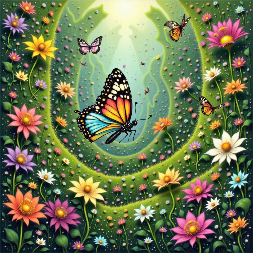 Butterfly Lost in Maze Garden, Whimsical Digital Art