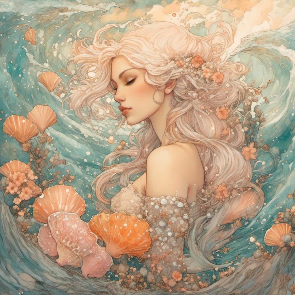 Seashell Mermaid on Private Beach in Watercolor Style