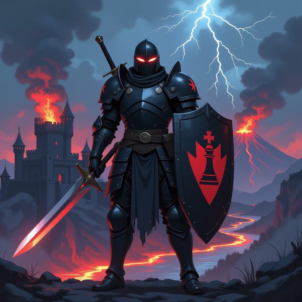 Anime Soldier with Chess Pawn Shield Before Lava Castle