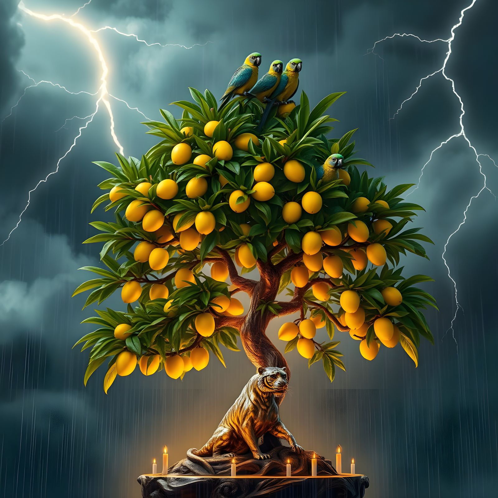 Surreal Tropical Bonsai Storm Scene in Vibrant Anime Style