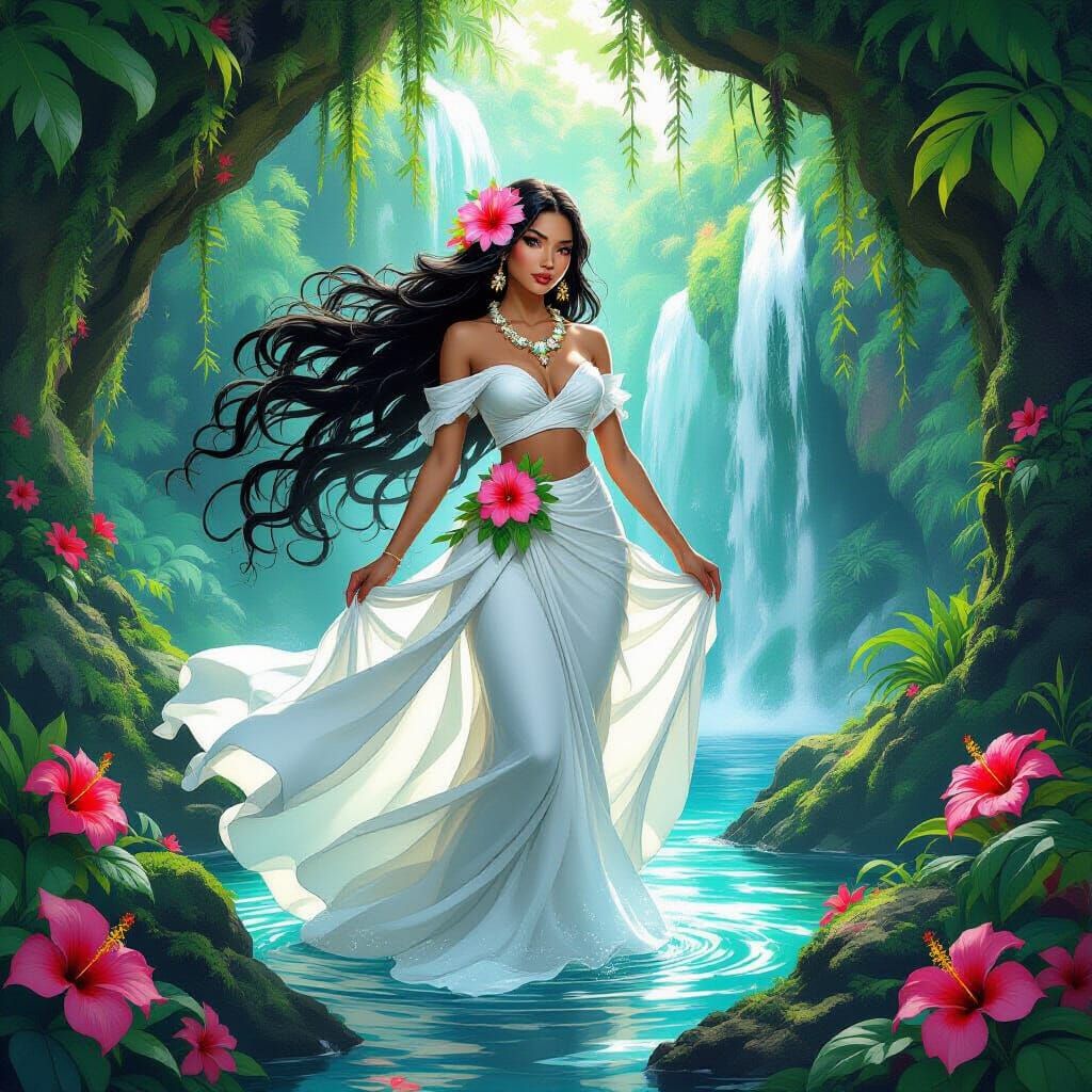 Majestic Hawaiian Goddess Rising: Vibrant Concept Art