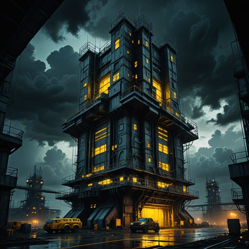 Mysterious Futuristic Tower in Ominous Dystopian Landscape