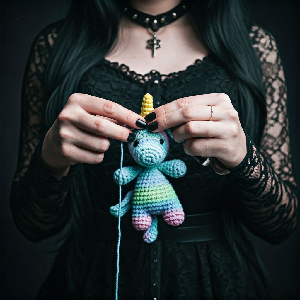 Gothic Woman Knits Adorable Rainbow Unicorn