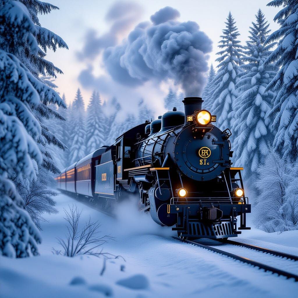 Frosty Steam Train Journey Through Snowy Pine Forest