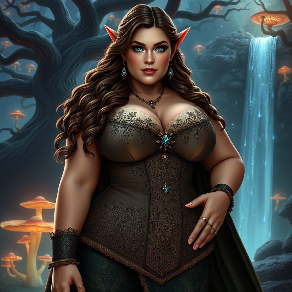 Sultry Plus-Sized Elf Maiden in Fantasy Realm