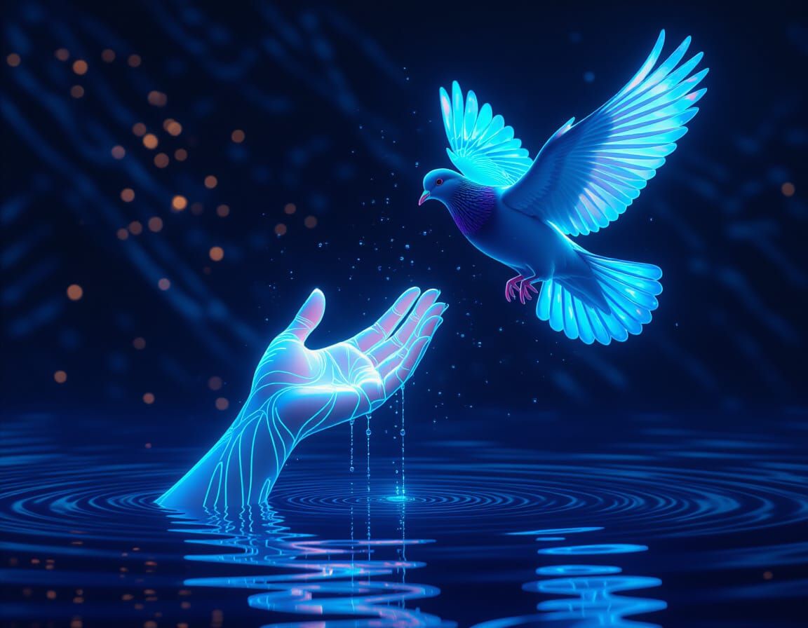 Ethereal Hand and Water Pigeon in Dark Fantasy
