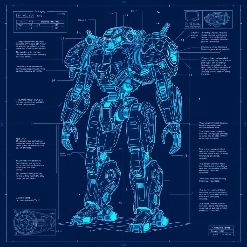 Futuristic Armored Mecha Robot Blueprint Illustration