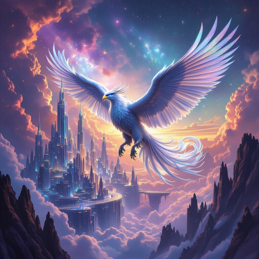 Majestic Griffin Soars Above Crystalline City in Cosmic Sky