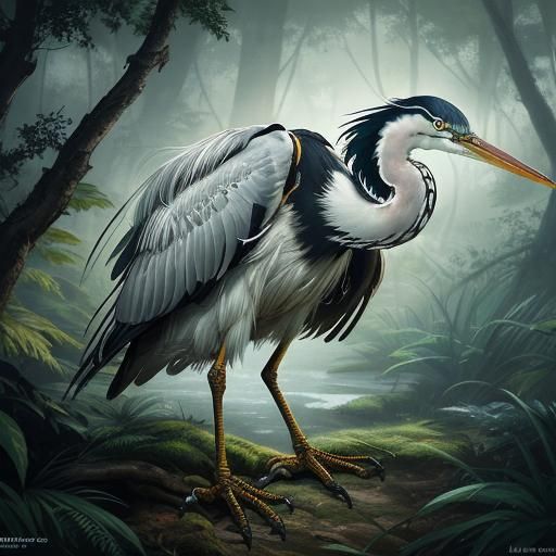 Cyborg Heron in Forest: Hyperrealistic Concept Art