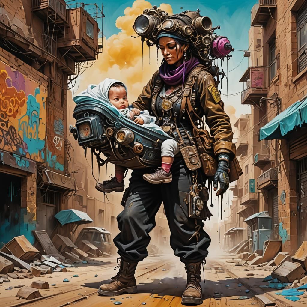 Post-Apocalyptic Mother and Child in Graffiti Art Style