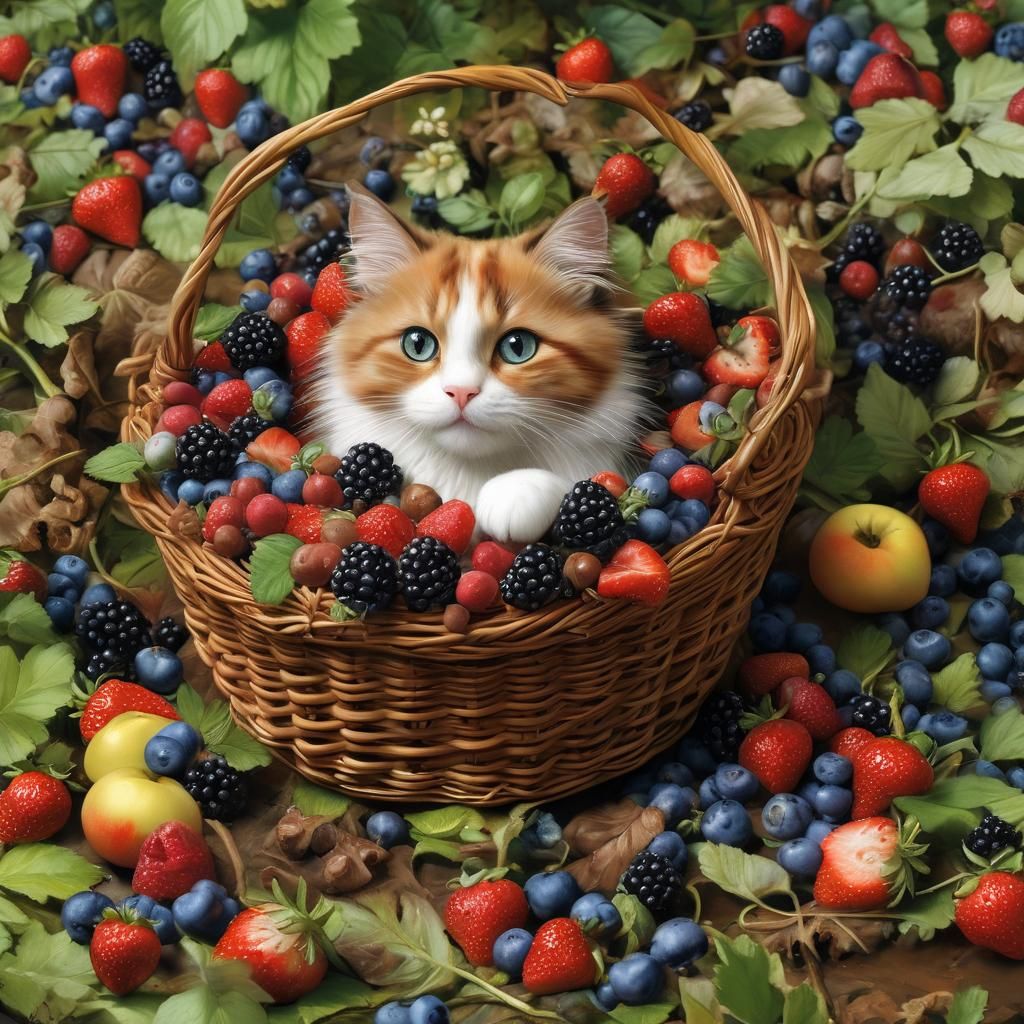 Calico Cat in Berry Basket
