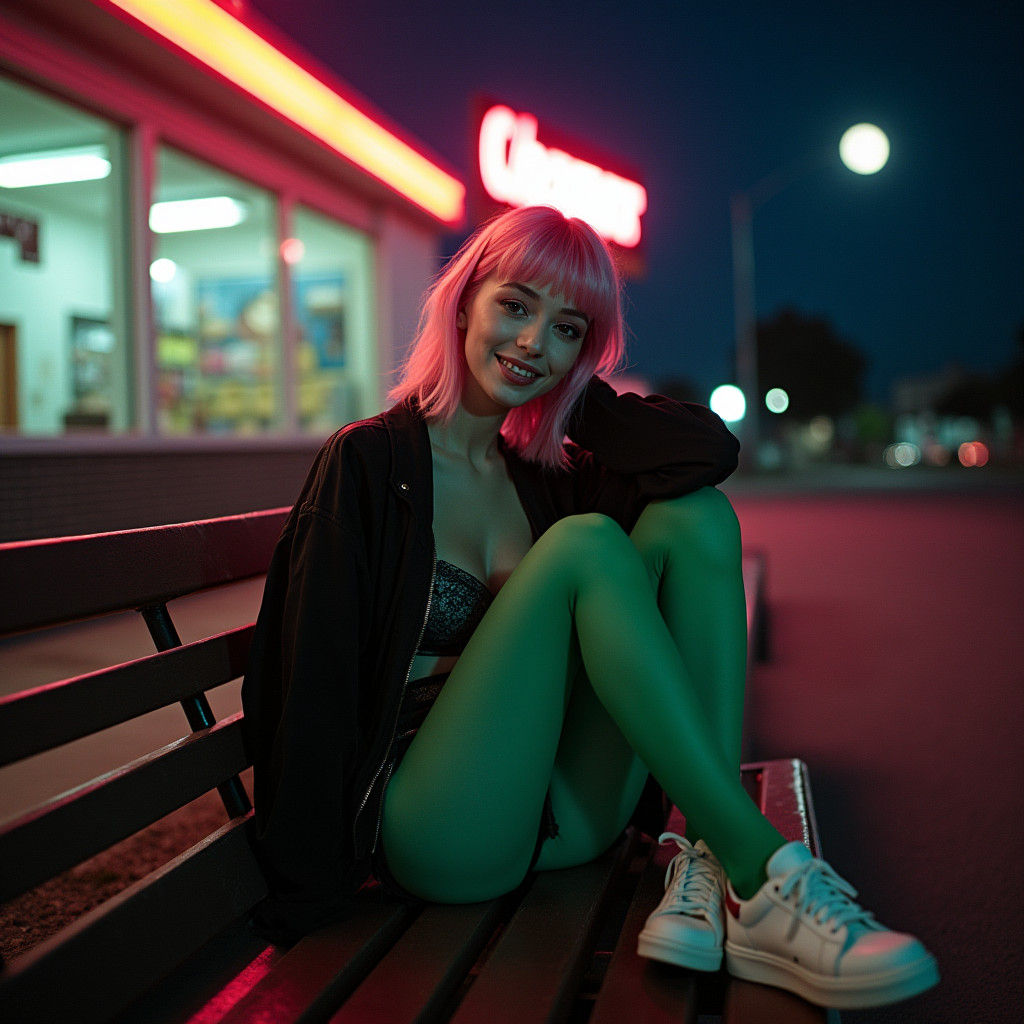 Goth Girl Lounging in Neon Cityscape