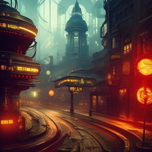 Neon Steampunk City Landscape in Photorealistic Detail