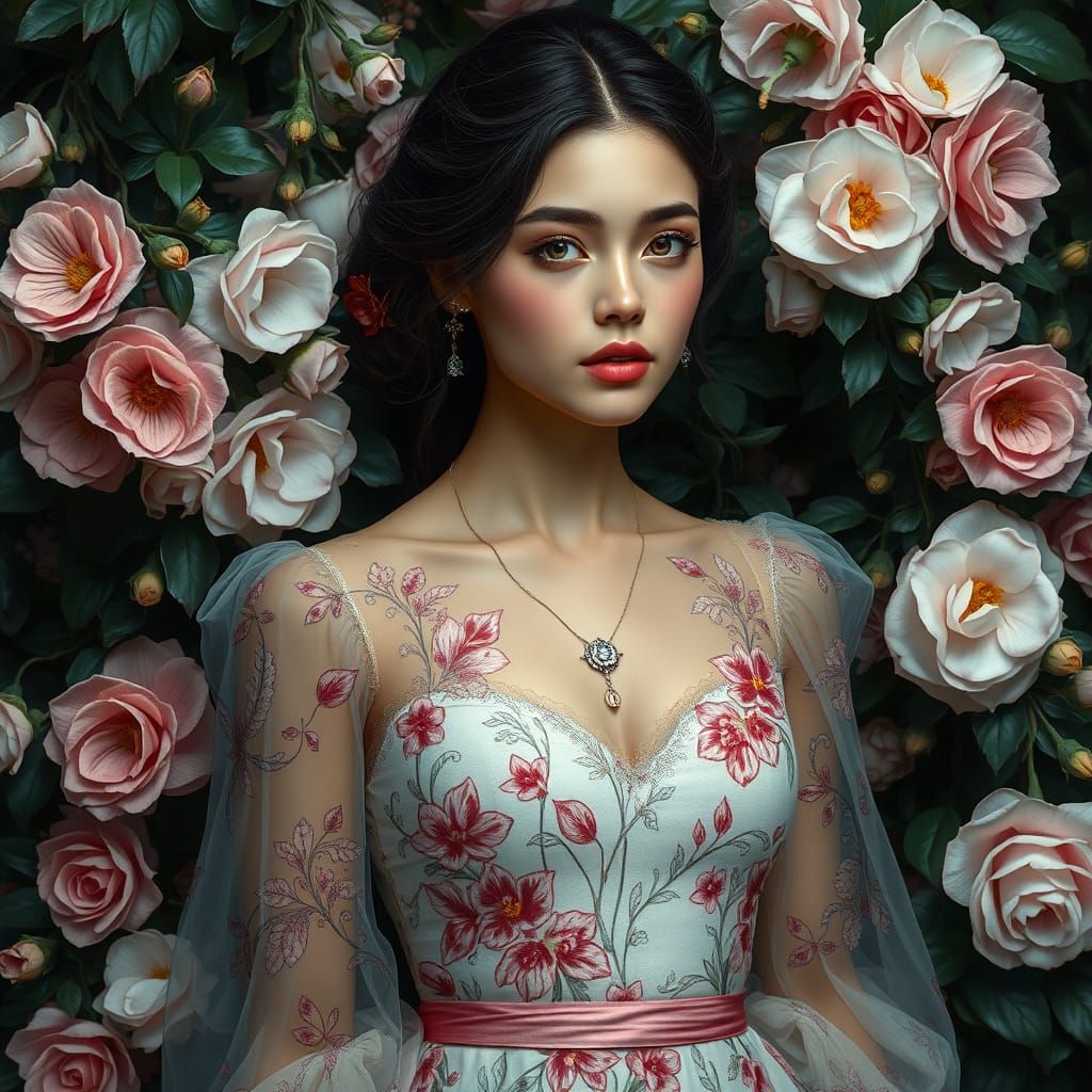 Hyperrealistic Woman in Floral Dress Digital Art