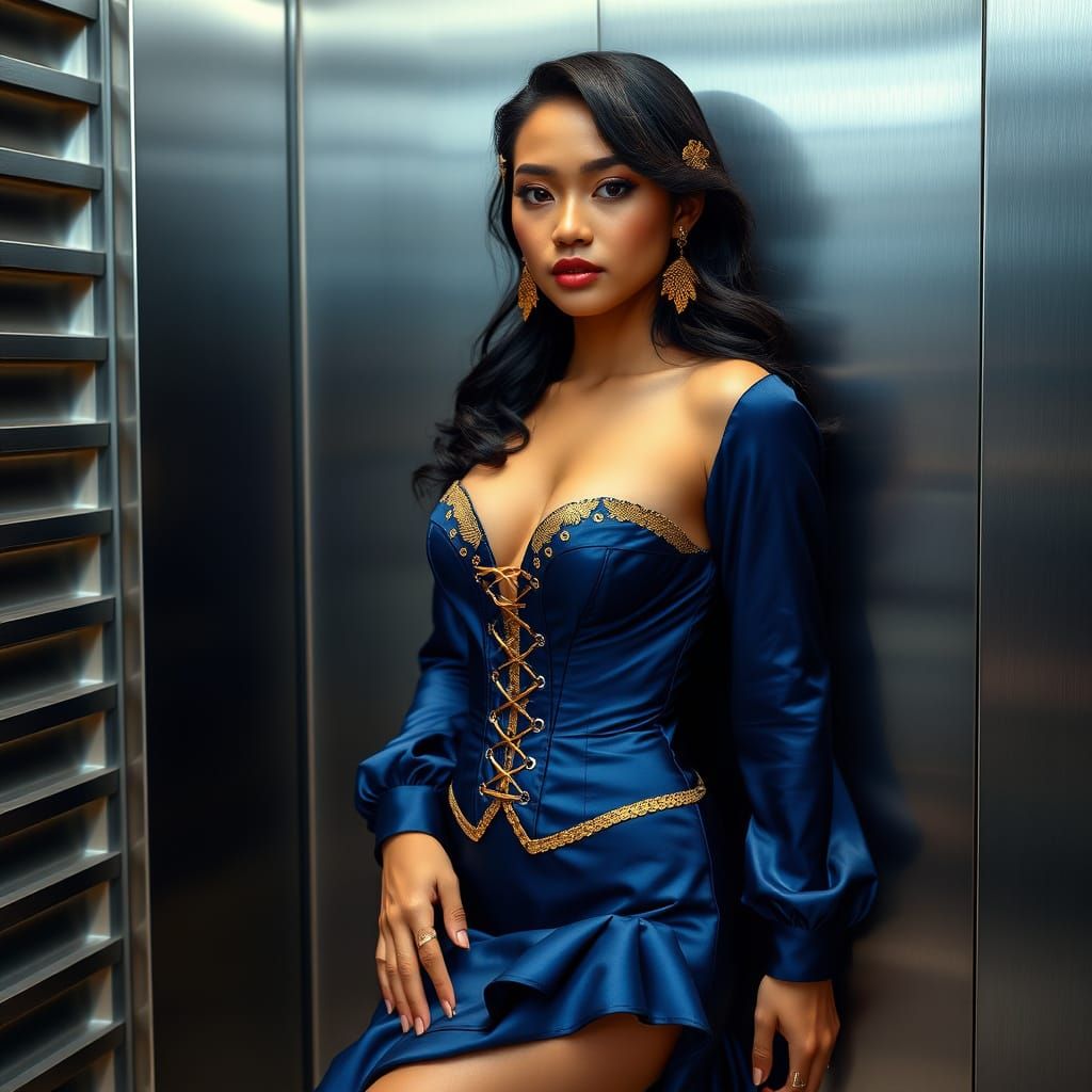 Confident Burmese Woman in Luxurious Elevator Setting