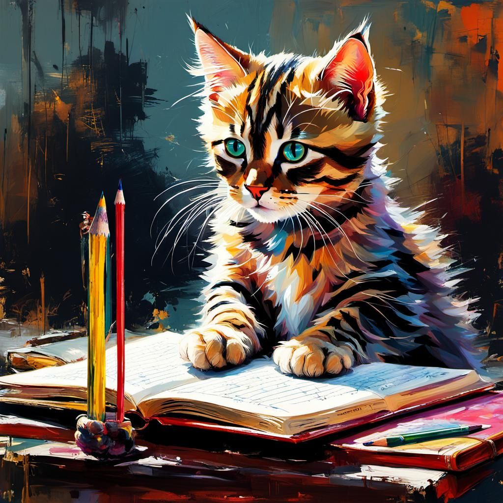 Cute Cat Writes Book: Tachisme Style Painting