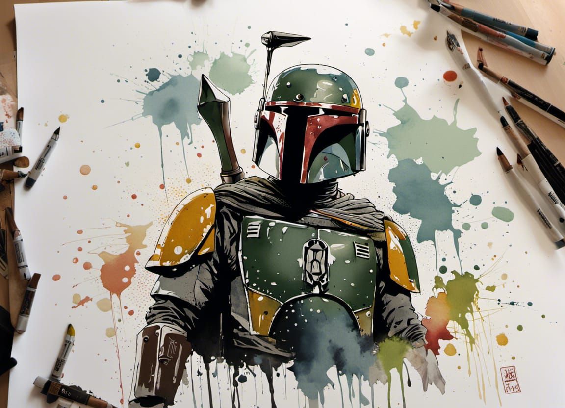 Boba Fett Watercolor Illustration with Paint Splatter Effect...