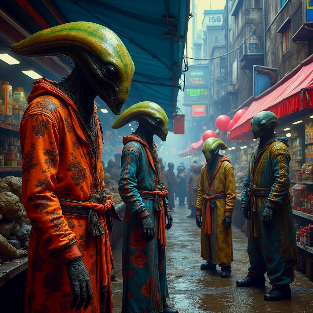 Futuristic Alien Market Featuring Human Artifacts