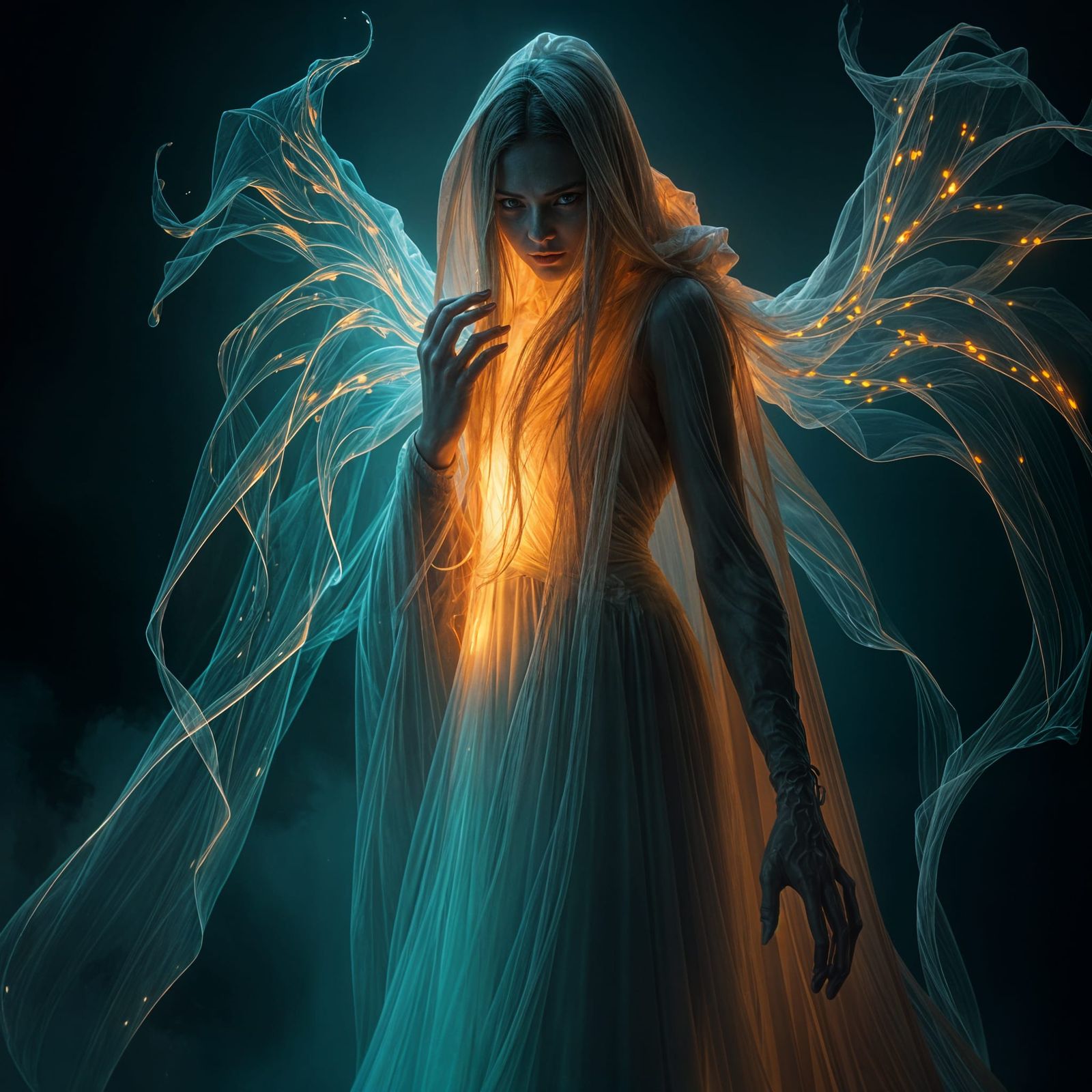 Sinister Specter Illuminated in Dreamlike Ethereal Glow