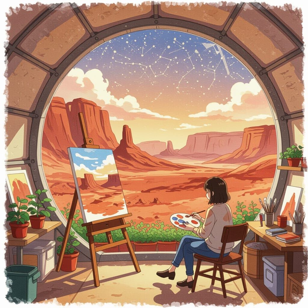Artist Paints Mars Landscape from Cozy Habitat