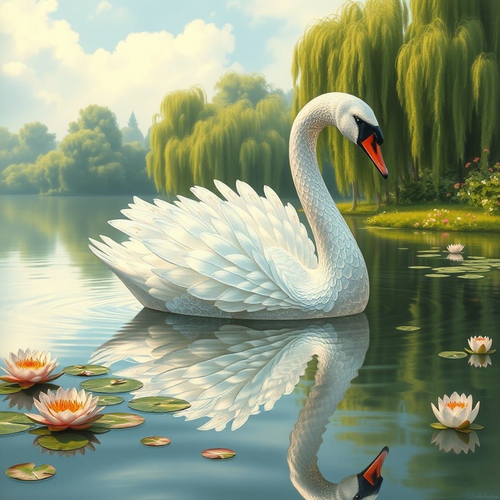 Glass Swan Gliding on a Tranquil Lake