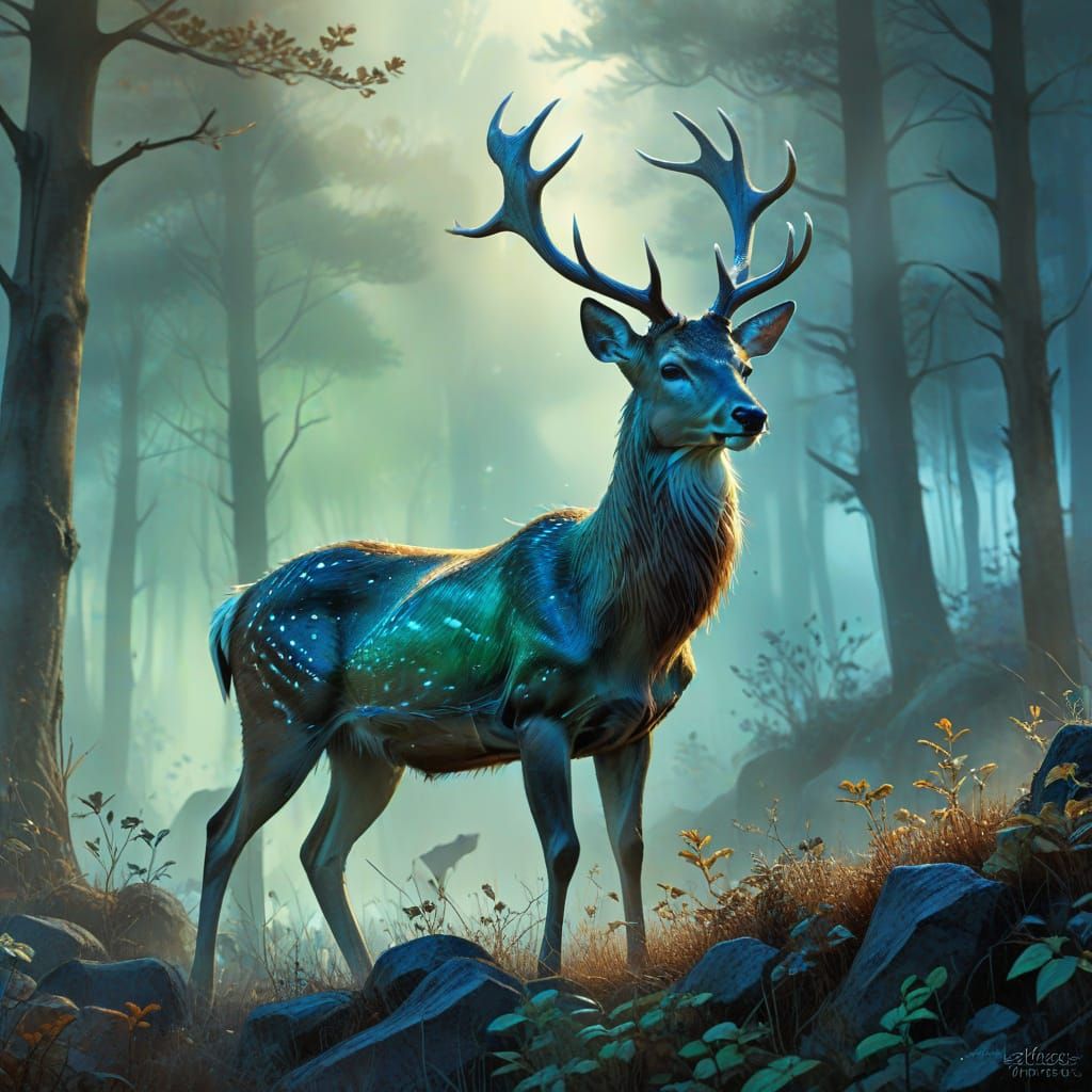 Ethereal Deer in Morning Mist Digital Watercolour