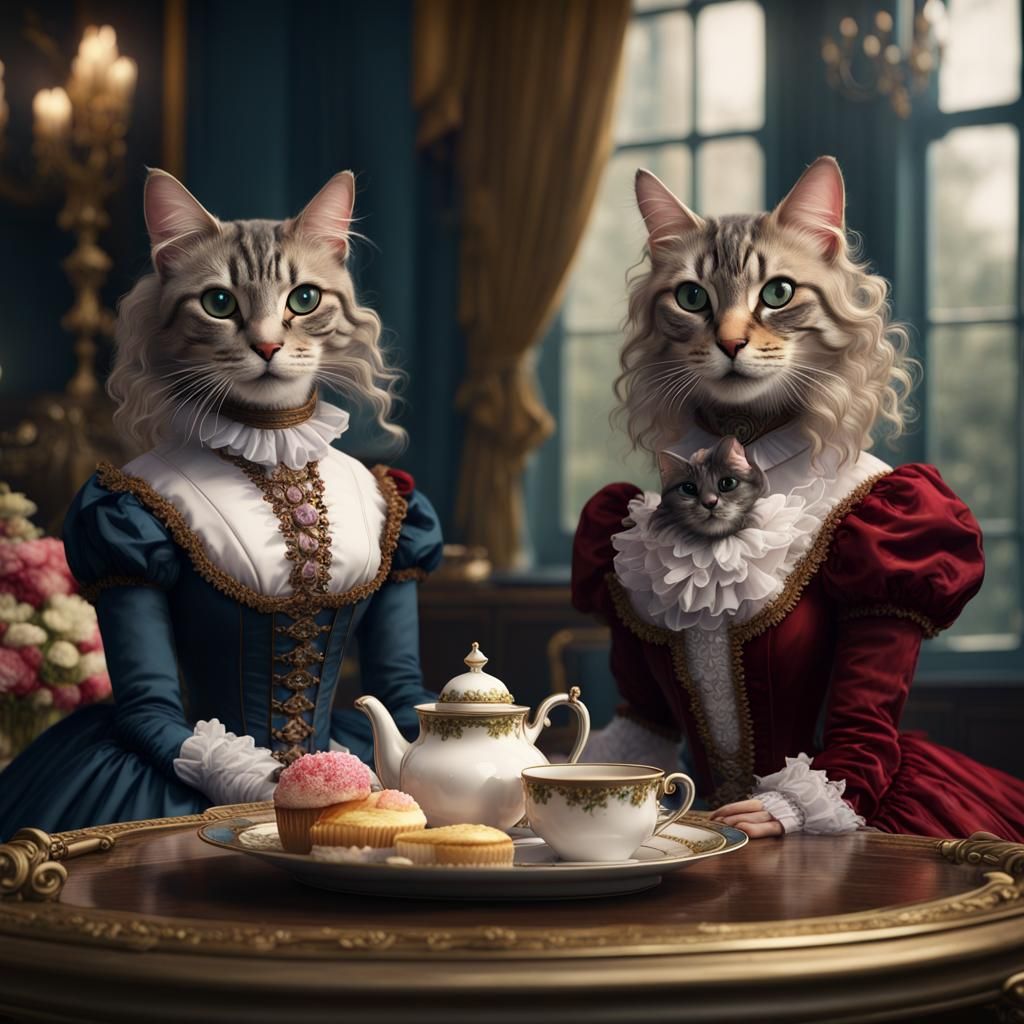 Cats in Victorian Gowns at High Tea