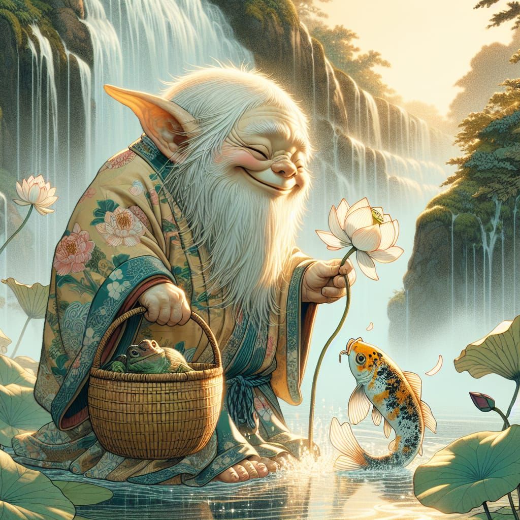 Gremlin and Koi in Ukiyo-e Style